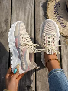 Women's Comfortable Lightweight Lace-Up Platform Lifestyle Colorblock Sneakers, Colorblock Knit Chunky Casual Shoes for All Day Wear