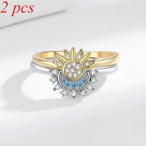 Elegant 2-Piece Gift Set Adjustable Sun & Moon Design Ring Set for Parties & Everyday Wear Fashion Jewelry Gift for Best Friend or Partner