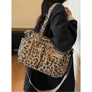 1pc Women's Fashionable Tote Bag With Full Body Leopard Print, Made Of Corduroy Material, Large Capacity With Multiple Pockets For Storage, Detachable And Adjustable Shoulder Strap, Suitable For Casual, Shopping, Travel, Work, School, And Gift Giving