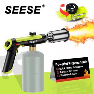 【DealsForYouDays】SEESE Powerful Propane Torch(Propane Tank Not Included),With One-Touch Max Fire Button and Safety Lock, Adjustable Blow Torch for Sous Vide Searing Steak, BBQ,Fireplace,Charcoal Wood