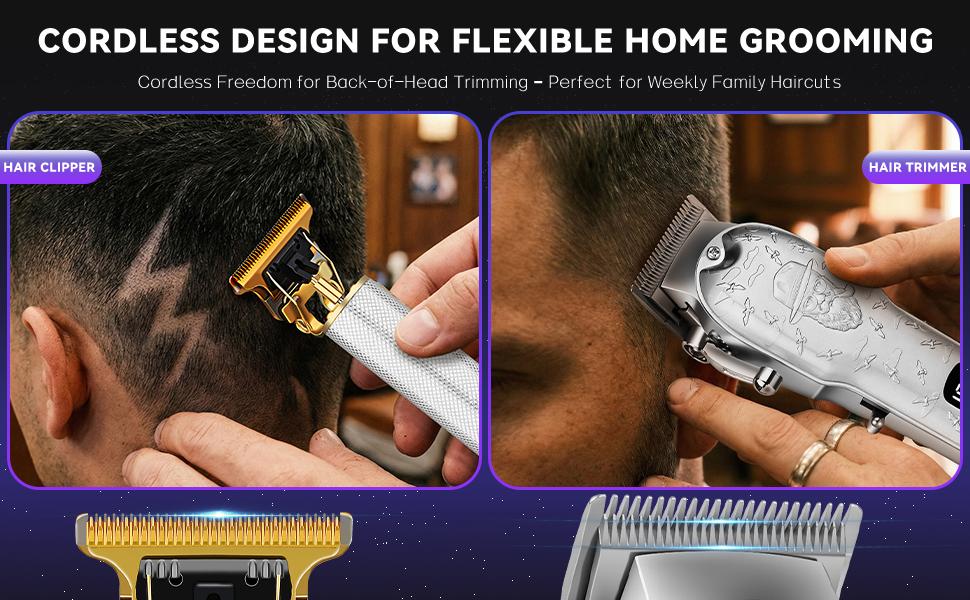 LQT Silver Vintage Beard Engraved 2-in-1 Men's Grooming Kit, Cordless Hair Clipper with LCD Display, Gold T-Blade Trimmer, Complete Rechargeable Barber Set with Guide Combs & Cape for Salon & Home DIY Haircuts, Fades, Edges & Beard Shaping
