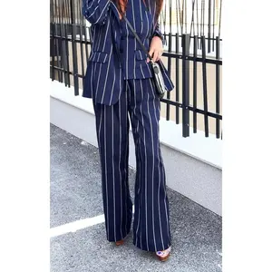 Women's Striped pants YAMAS - Navy, Comfortable Fabric, Button Closure, Chic Everyday Wear, Lightweight Design