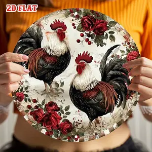Rustic Metal Sign 2D Flat Design Nature Theme Rooster and Roses Round Wall Art Diameter Vintage Home Decor