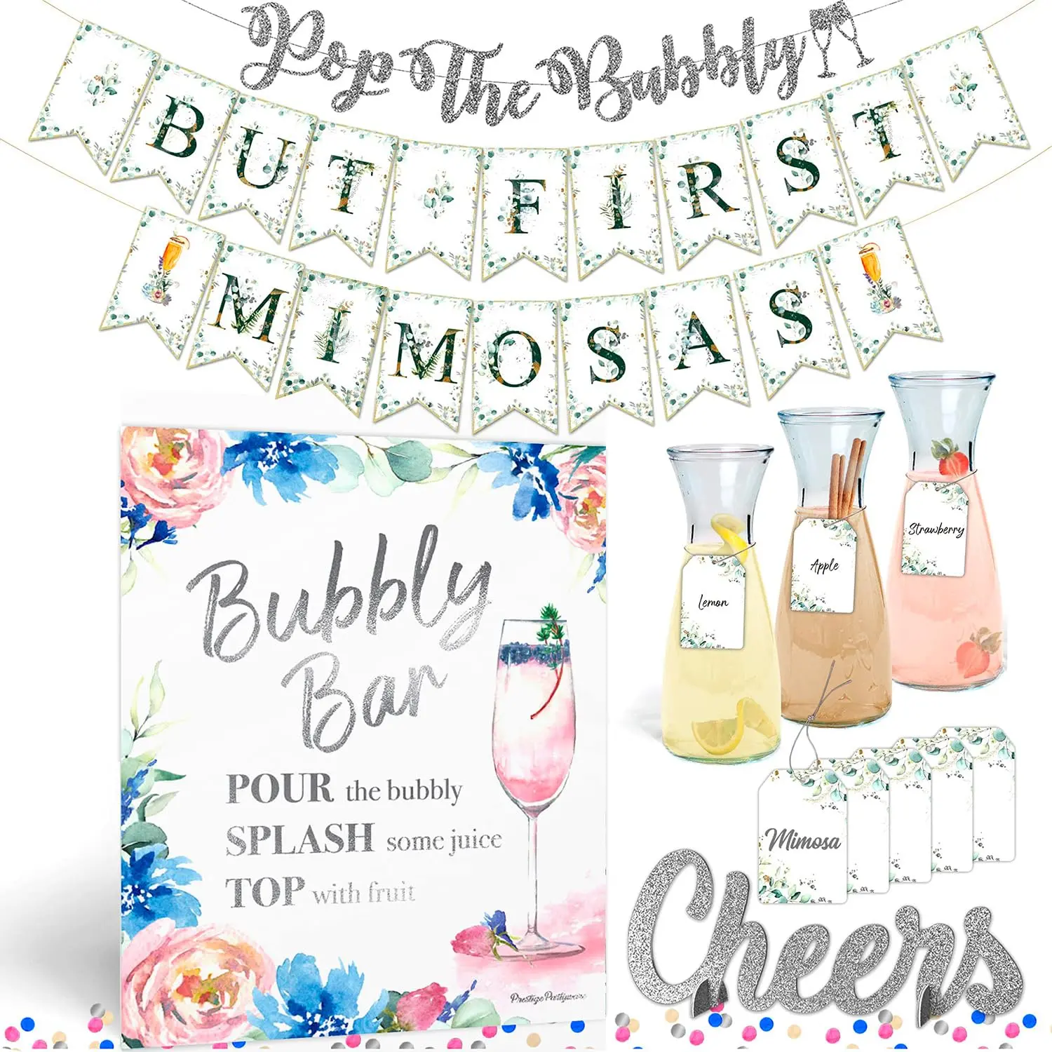 Donut Mimosa Mom-Osa Bar Set For Bridal Brunch Party Decor And Baby Shower Supplies With Silver Pink Blue Banners