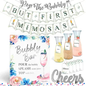 Donut Mimosa Mom-Osa Bar Set For Bridal Brunch Party Decor And Baby Shower Supplies With Silver Pink Blue Banners