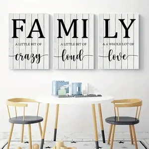 3-Piece Optional Wooden Frame Modern Simple Black White Family English Alphabet Typography Art Canvas Poster High Precision Color Micro-spray Moisture-proof Coating Clear Text No Color Difference Excellent Flatness Living Room Shared Space Decor