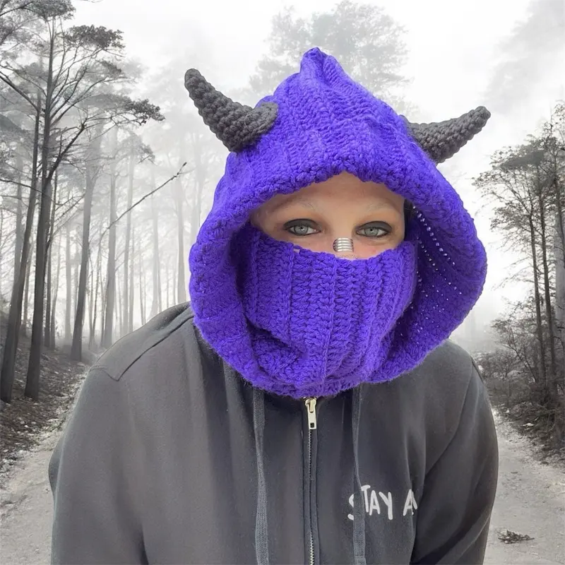 Purple Devil Horns Crochet Hooded Turtle Neck Cowl Balaclava Hat for Winter Wear