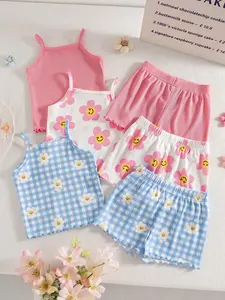 6-Piece Set Baby Girl Floral Tank Top Wooden Trim Shorts Set, Blue Plaid + Smiley Flower + Sweet, Summer Home Wear Outdoor Play