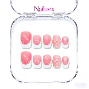 (C035) Sakura Petal French Tip Short Square 10pcs Nails Y2K sweet cool luxury style handmade acrylic press on nails,  square shape, with a smooth, glossy finish for a comfortable fit,Valentine's Day, Reusable and durable