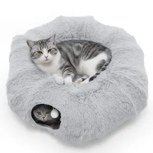 Cat Tunnel Bed for Indoor Cats Cave Donut Play Tunnel with Soft Plush Peekaboo, Circle Cushion, Washable Multifunctional Playground Under Tree Pet Toys