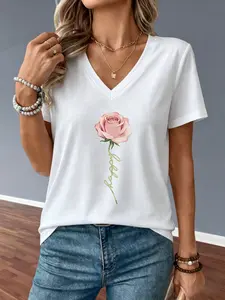 New Women's Summer V Neck Short Sleeve T-Shirt Fit, Rose Flower Print, Casual Fashion Top, All Seasons Wear