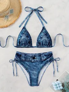 Women's 2-Piece Beach Bikini with Halter Tops, Denim-Like Style, Adjustable Straps, High-Waisted Bottoms, Customizable Fit for a Chic Look with Crystals