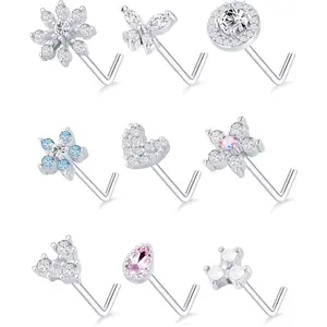 9 Pcs Unique Snowflake and Butterfly Nose Rings, L Bone Screw Style Piercing Jewelry for Men and Women, Nose Rings Stud, L Bone Screw Shaped Nose Ring, Flower Snowflake Butterfly Screw Nose Stud Body Piercing Jewelry for Women Men, Valentine'S Day Gift