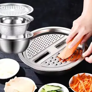 Stainless Steel Multi-Functional Kitchen Set - 3pcs Grater, Sieve & Steamer for Efficient Cooking