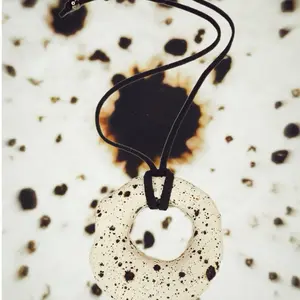 Abstract Circle Pendant Ceramic Necklace with Adjustable Leather Cord for Adults Unique Eye-catching Design