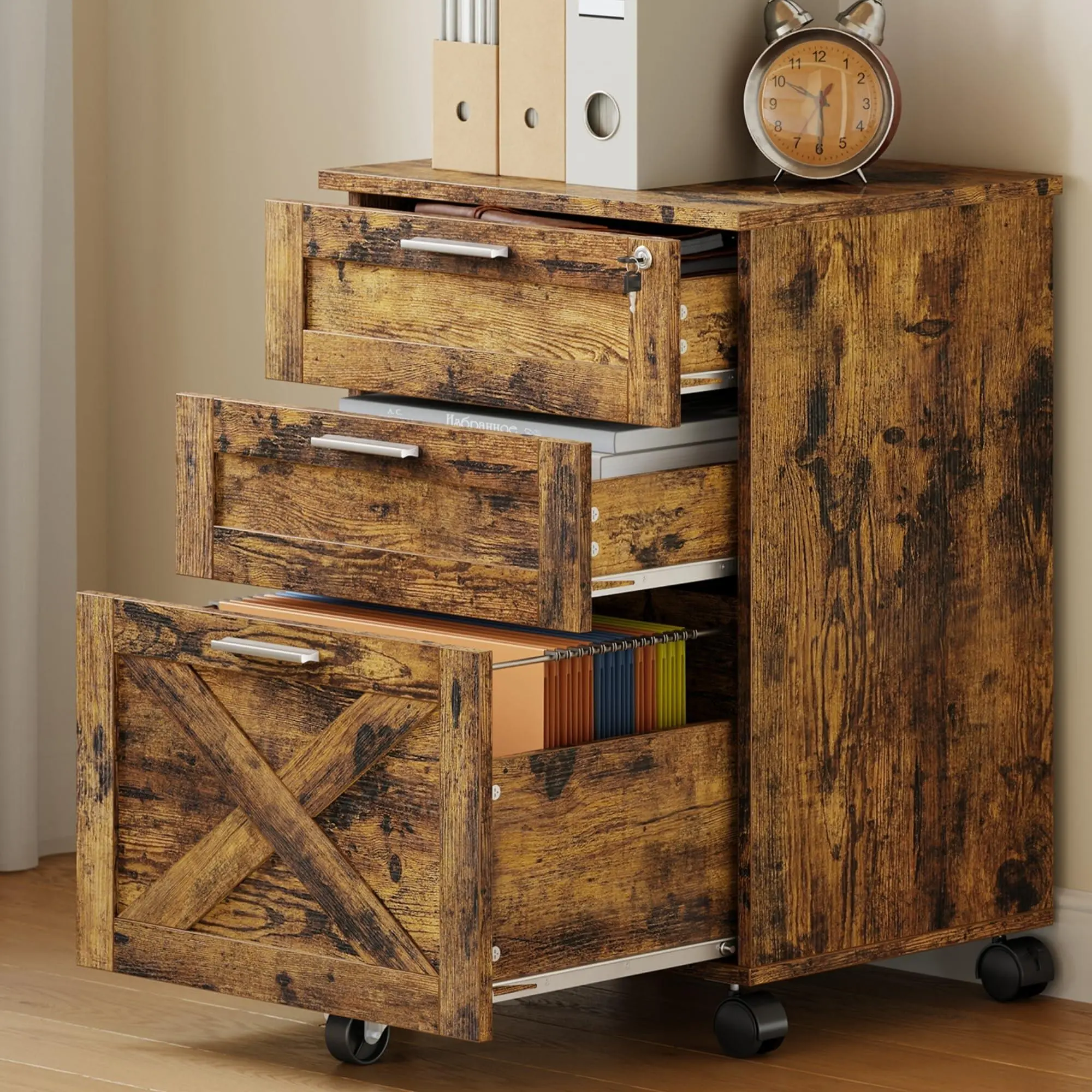 Wooden 3-Drawer Locking File Cabinet, Single Unit Mobile Under Desk Organizer with Mobile Casters for Home Office Letter/A4 Legal Size Document Storage