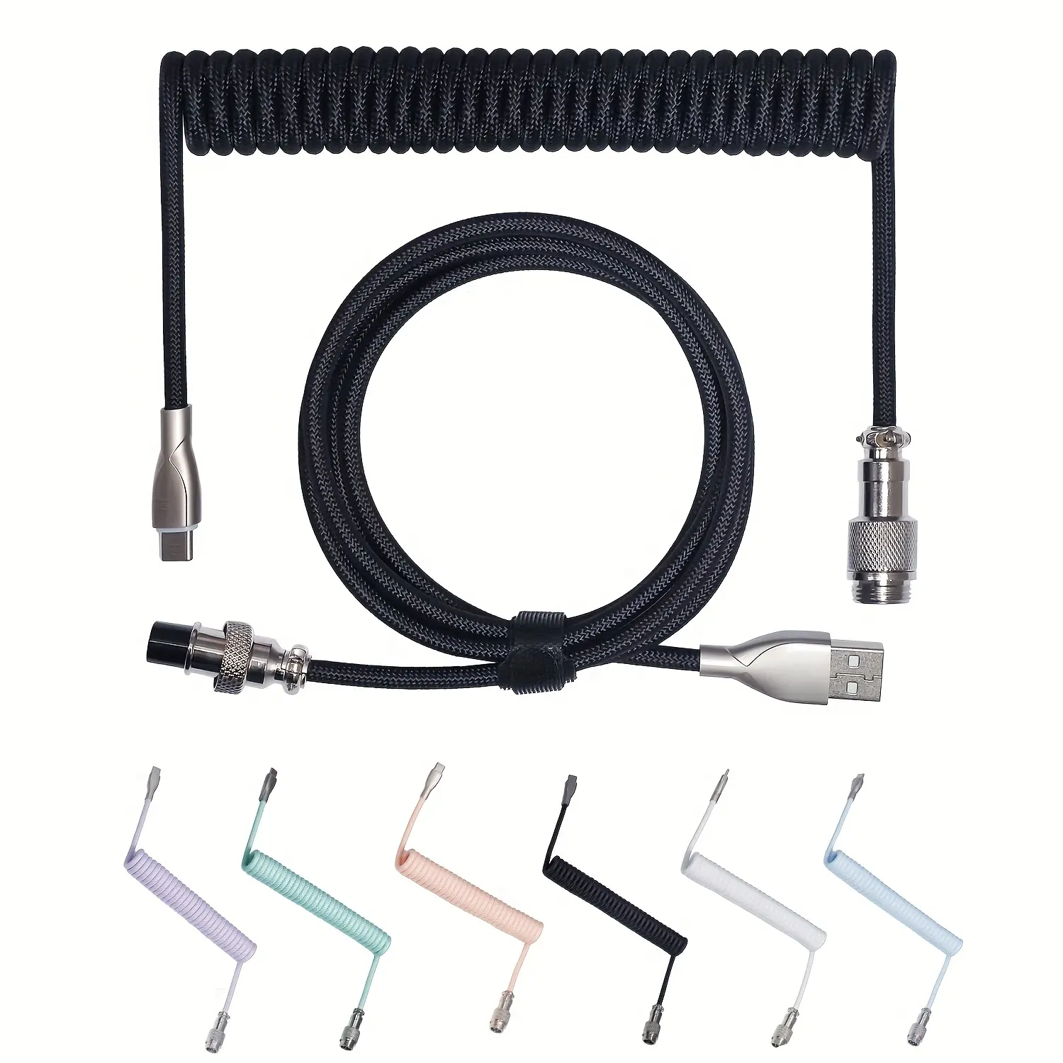70inch/1.8m USB C to USB A Coiled Keyboard Cable, Detachable Metal Aviator Braided Enclosure, Double-Sleeved Nylon Wire, Male to Male, PVC & Plastic, Round Shape, 0-5W Output, USB Powered, ≤36V Operating Voltage, No Battery Required - White