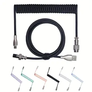 70inch/1.8m USB C to USB A Coiled Keyboard Cable, Detachable Metal Aviator Braided Enclosure, Double-Sleeved Nylon Wire, Male to Male, PVC & Plastic, Round Shape, 0-5W Output, USB Powered, ≤36V Operating Voltage, No Battery Required - White