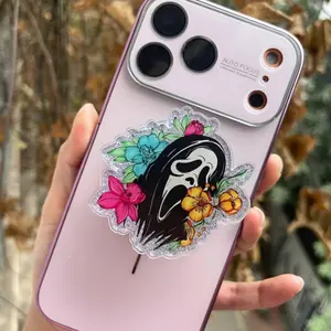Floral Ghostface MagSafe Phone Grip, Spooky Horror Aesthetic Magnetic Phone Holder, Goth Glitter Popgrip, sticky Baby mount Library Card Flower-Shaped Multi-Functional Stand Universal Car Bat accessories