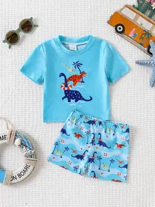 2 Piece Boys' Toddler Dinosaur Print Swimsuit Set, Soft High Stretch Quick-Dry, Beach Pool Surfing Vacation Swimwear Shorts, Short Sleeve Sporty Style, Summer Swimsuit, Printed Swimsuit, Swimwear Clothes
