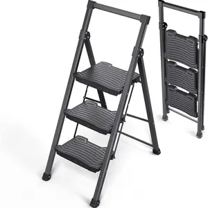 Step Ladder 3 Step Folding, 900lbs 3 Step Ladder with Non-Skid Wide Pedal and Handrails, Lightwight Household Ladder, Sturdy Step Stool, for Your Kitchen, Closets, Office Use, Garage, Black