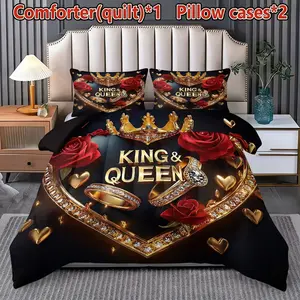Heart Crown Pattern Quilt Set, Breathable Duvet Set, 3-Piece Bedding (1 Quilt + 2 Pillowcases), Soft Breathable, Digital Print, Suitable for Bedroom Dorm Home Use