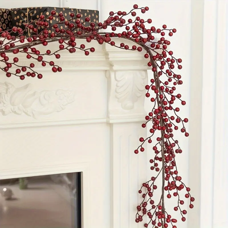1pc Christmas Red Berry Garland Wreath Red and Burgundy Berry Christmas Garland for Indoor Outdoor Home Fireplace Decoration Festive Home Decoration for Winter Holiday New Year Decor (Red)
