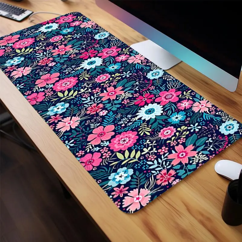 Floral Pattern Gaming Mouse Pad, Non-slip Rubber Base Stitched Edge Desk Pad For Laptop Desktop, Large Desk Mat for Home Office Game