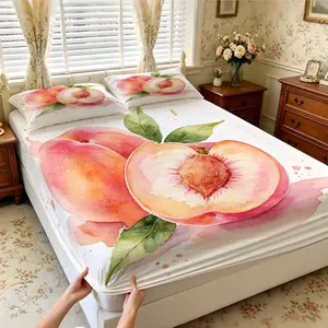 3Pcs Watercolor Peach Print Fitted Sheet Set, Multiple Styles, Soft, Comfortable and Breathable, Bedding Suitable for Bedroom, Suitable for All People, Ideal Gift Choice (Without Filler and Pillow Insert)