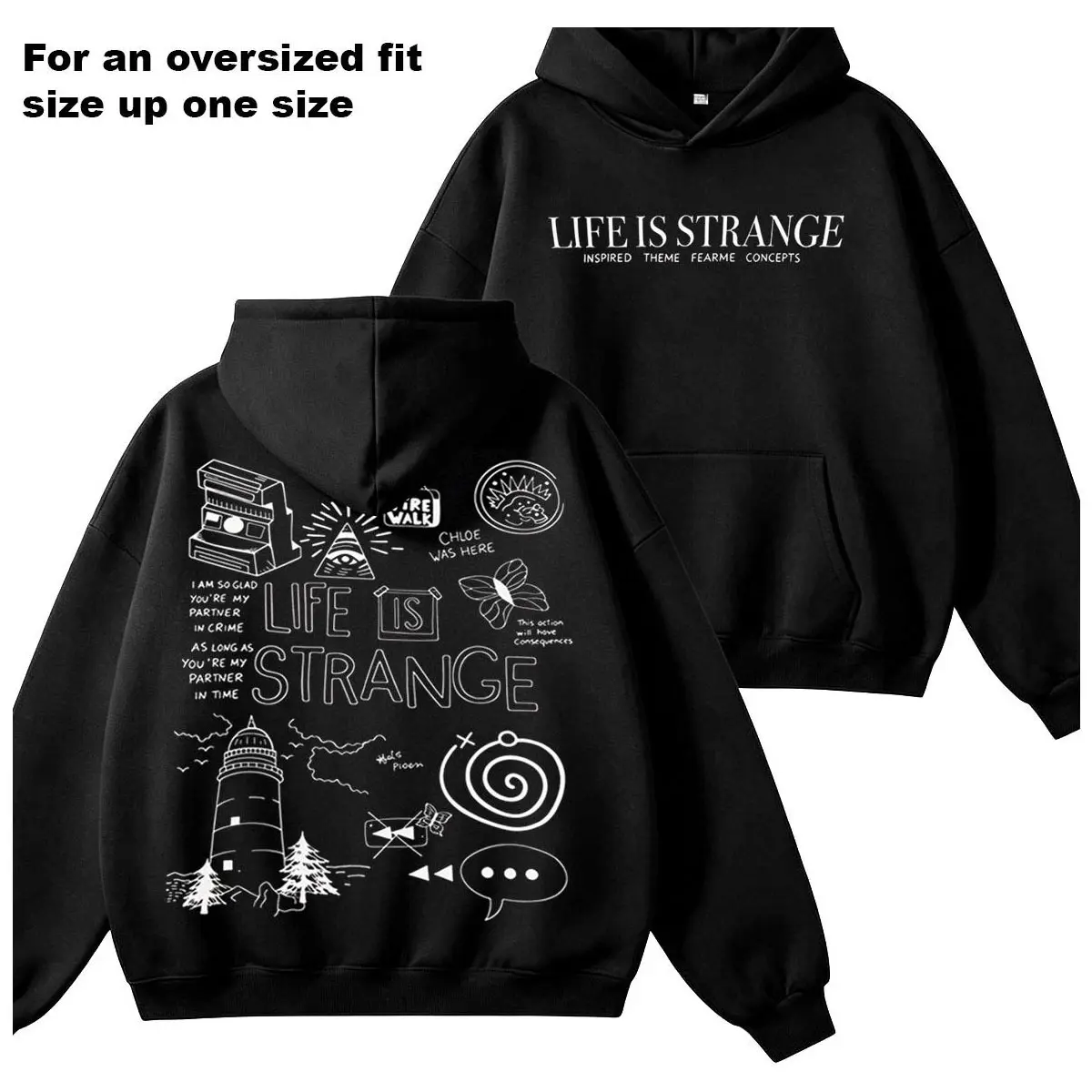 Men’s Life Is Strange Graphic Hoodie, Retro Game Inspired Doodle Art Print Pullover Hooded Sweatshirt, Lighthouse Butterfly Slogan Back Print Streetwear Top, Long Sleeve Drawstring Hoodie, Casual Aesthetic Gaming Theme Sweatshirt