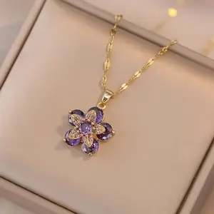 Golden Flower Pendant Necklace - 1pc Fashion Purple Jewelry for Men and Women, Ideal for Banquets and Birthday Gifts Elegant Synthetic Zircon