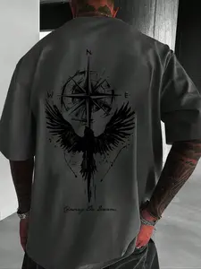 Unisex Compass Eagle Animal Graphic Print Short Sleeve T-Shirt, Casual Graphic Tee, Streetwear Fashion, Casual Menswear, Loose Fit, Comfortable, Trendy, Casual Daily Wear, Fabric