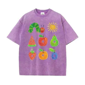Caterpillar & Fruits Graphic Tee - Women's Purple Vintage Washed T-Shirt, Cute Cartoon Print Cotton Top, Trendy Casual Summer Apparel
