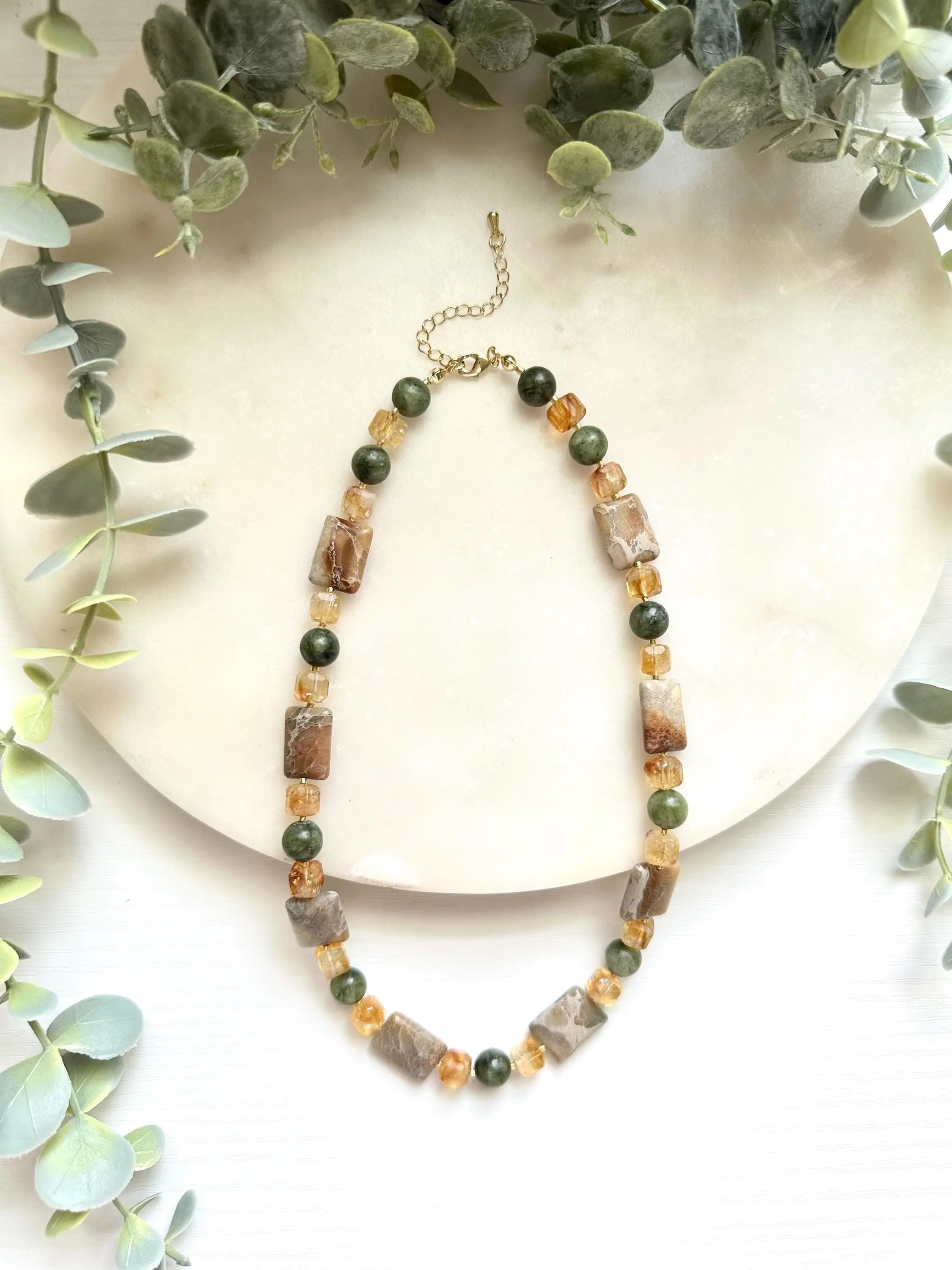 Citrine, Green Jade & Jasper Necklace, Earth Tone Gemstone Necklace, Natural Citrine Necklace, Green Jade Jewelry