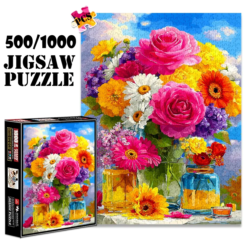 1pc 1000 piece adult puzzle 70x50cm Vibrant Bouquet of Roses, Daisies and More in Glass Jars 500 pieces of paper jigsaw puzzle, suitable for adults and families, large-scale DIY puzzle interactive Art Puzzles Gift
