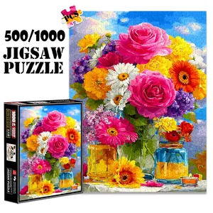 1pc 1000 piece adult puzzle 70x50cm Vibrant Bouquet of Roses, Daisies and More in Glass Jars 500 pieces of paper jigsaw puzzle, suitable for adults and families, large-scale DIY puzzle interactive
