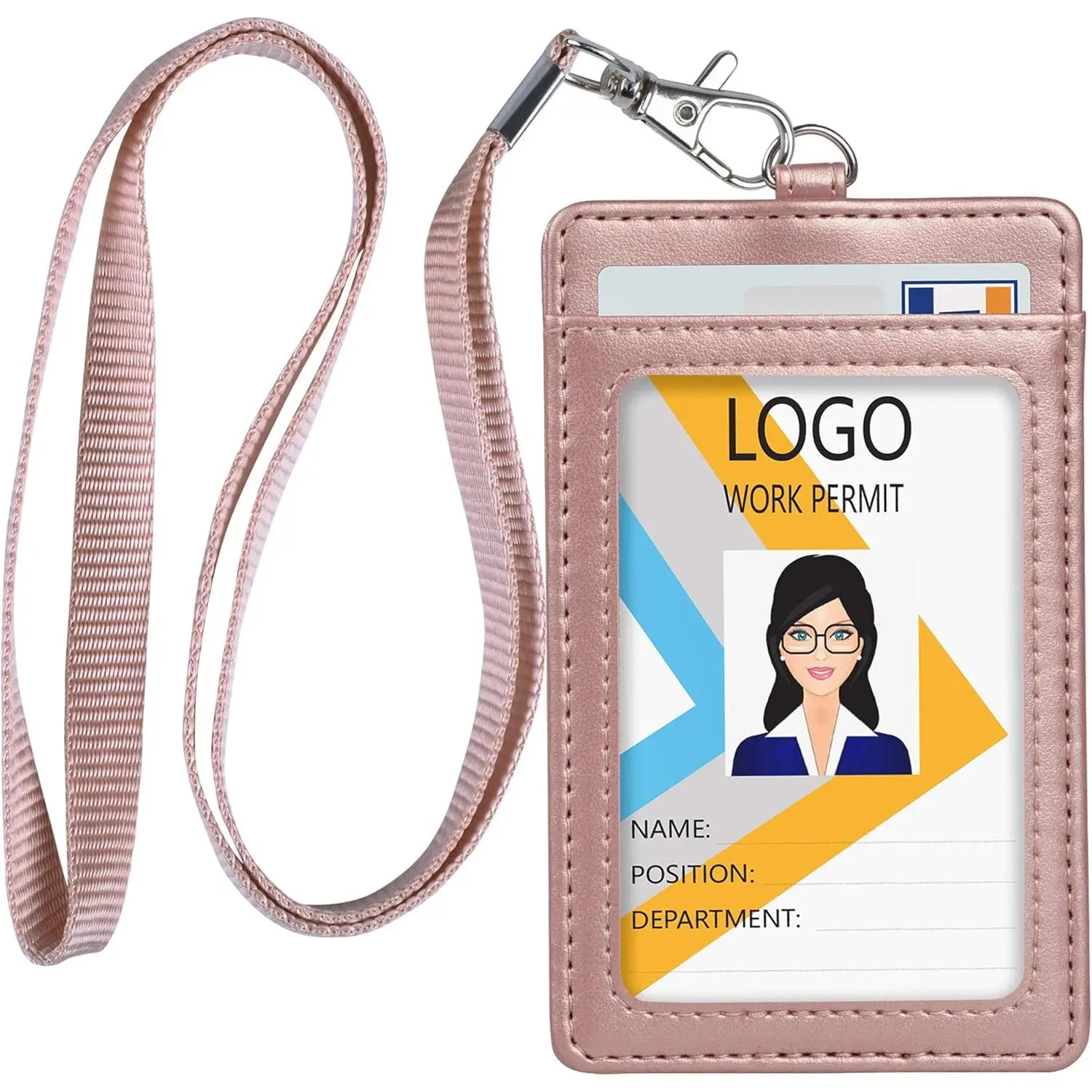 Lanyards for ID Badges, Leather ID Badge Holder for Work School IDs, Cruise Ship Cards, Hotel Key Cards, Pass Cards - Rose Gold
