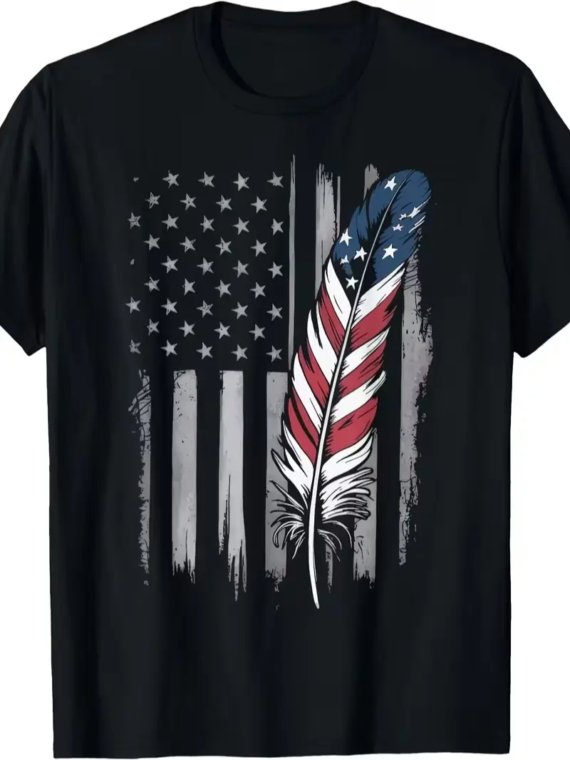 Men' Native American & USA Flag -Shirt - Tribal Feather with Native American Headdress Graphics, Casual Round Neck Tee Suitable for - Wear, Outdoor Activities, Parades, Powwows - Machine Washable Cultural Apparel