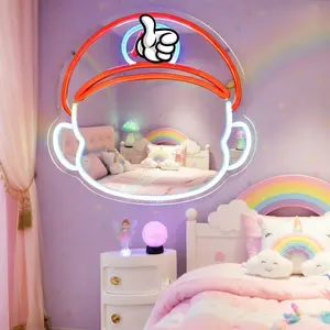 Cute Cartoon LED Neon Mirror with Soft Warm Light, Aesthetic Wall Vanity Mirror for Kids Room Decor, Gaming Setup Light Mirror for Bedroom, Kawaii Makeup Mirror for Girls Teens Dorm Decor, USB Powered Light Up Mirror
