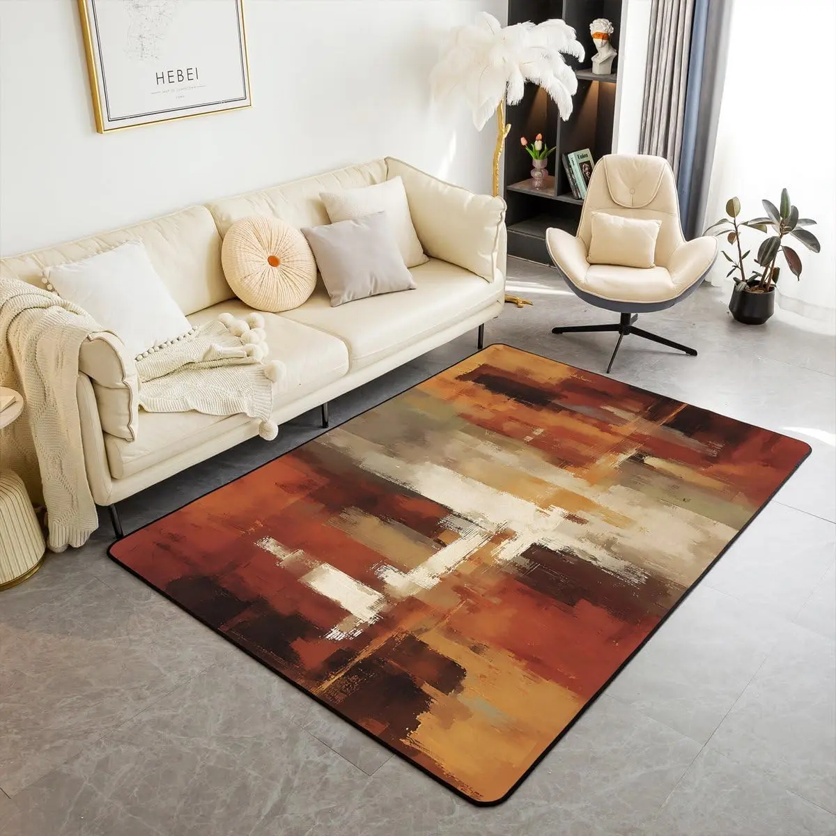 Burnt Orange Area Rug 3x5 Abstract Rust Art Living Room Rugs Bedroom Geometric Modern Chic Decor Carpet Non-Slip Bac Farmhouse Indoor Floor Mat Soft Polyester