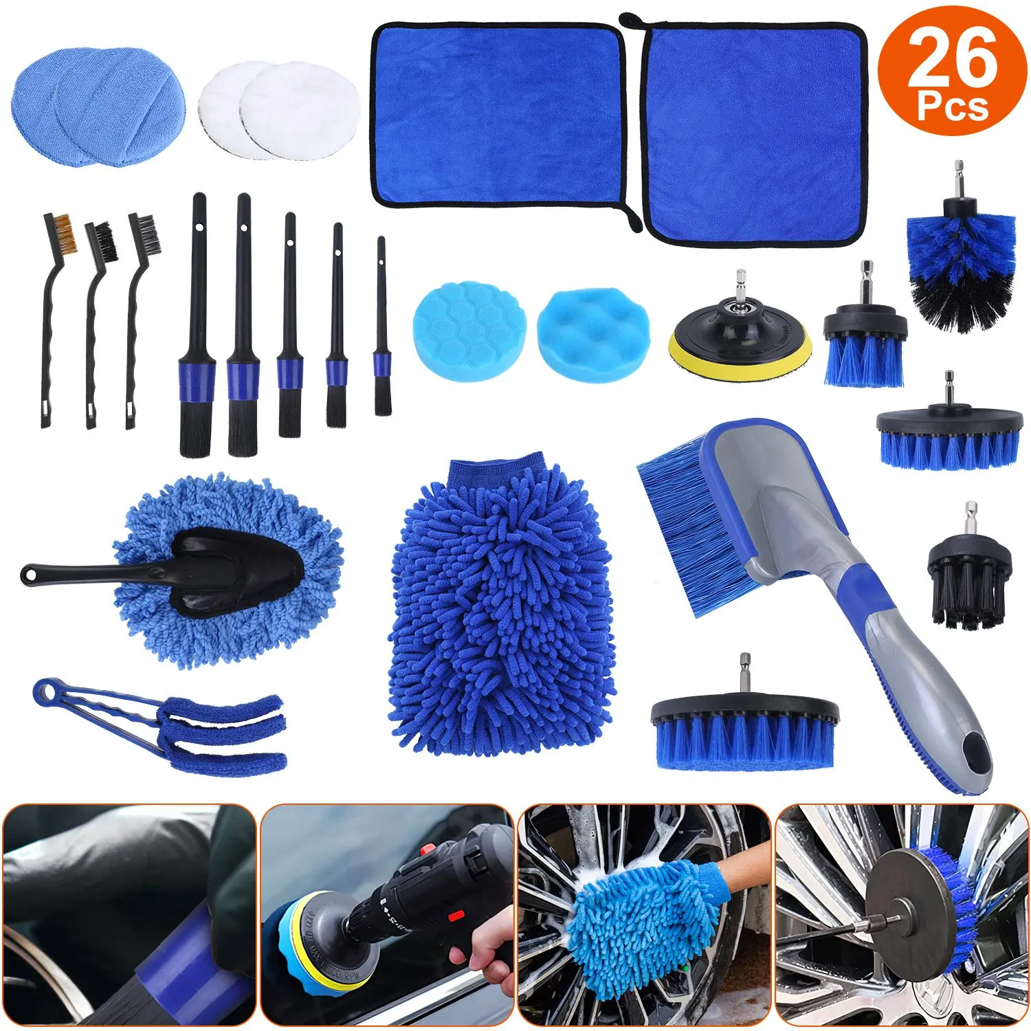 26PCS Car Detailing Brush Kit Interior & Exterior Cleaning Set with Drill Brushes & Buffing Pads