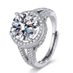 S925 Sterling Silver Round Cubic Zirconia Double Halo Engagement Ring Adjustable Split Shank Promise Wedding Band Hypoallergenic Jewelry Birthday Anniversary