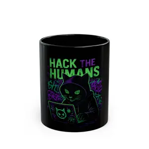 Mug, Funny Cat Tech Design, Black Coffee Cup, Hack the Humans, Cat Lover Gift, Cat Mom Present, Cat Dad Mug, Programmer Office Decor