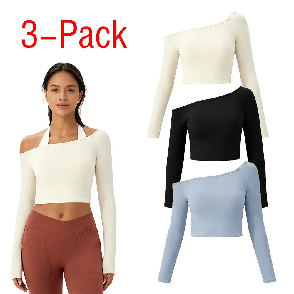 3 Pack Women's Off Shoulder Long Sleeve Workout Crop Top, 2 in 1 Halter Built-in Bra Yoga Shirts, Slim Fit Stretchy Gym Activewear Pilates Casual Tops