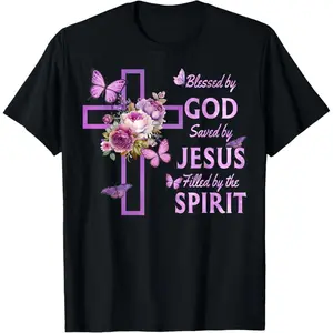Blessed by God Saved by Jesus Purple Floral Cross Christian T-Shirt Cotton Tee