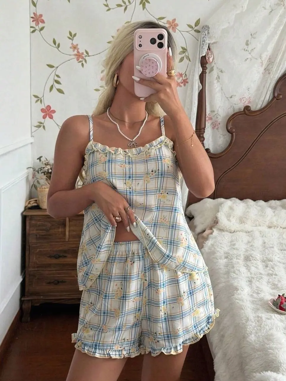 CottageSlumber 2pcs/Set Women's Floral & Plaid Print Frill Trim Camisole Pajama Set | Contrast Ruffled Cami & Shorts | Cottagecore Loungewear