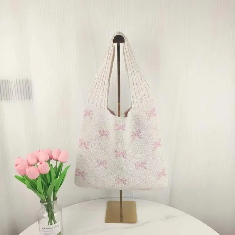 Crochet Tote Bag Y2k Bow Wallet Women Cute Shoulder Handbag Knitted Tote Bag Bow Print BagGift Crochet Tote Bag Y2k Bow Wallet Women Cute Shoulder Handbag Knitted Tote Bag Bow Print BagGift