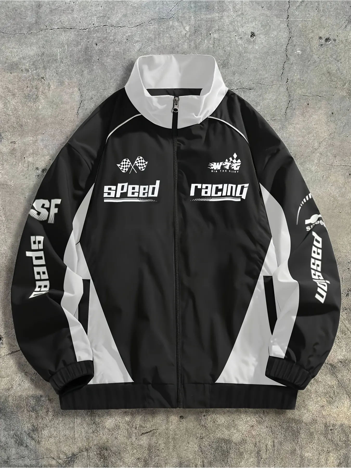 Men’s color-blocked functional racing-style stand collar jacket featuring Speed/Racing lettered racing flag print, color-block design, full zip closure, elastic cuffs and hem, trendy cool motorcycle street-style sporty bomber jacket.