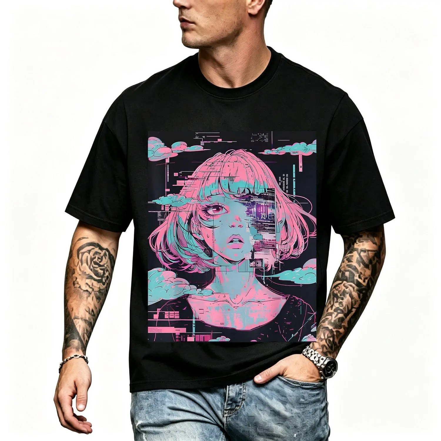Anime Manga Cyberpunk Aesthetic Harajuku Techwear Inspired Graphic T Shirt with Futuristic Urban Print Unique Design Casual Streetwear men