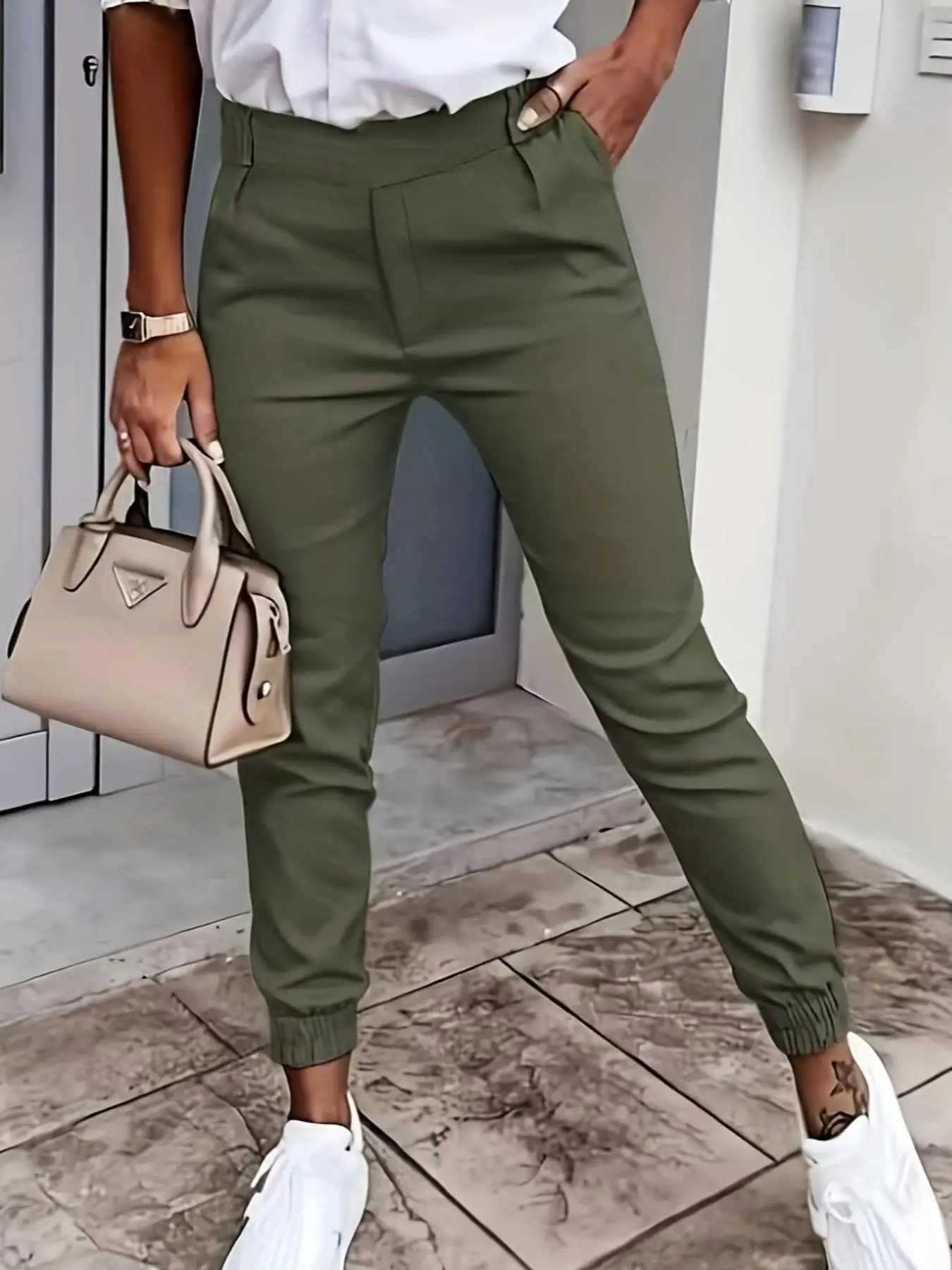 Women's Solid Elastic Waist Pants, Casual Pocket Design Trousers for Daily Outdoor Wear, Women's Bottoms for All Seasons